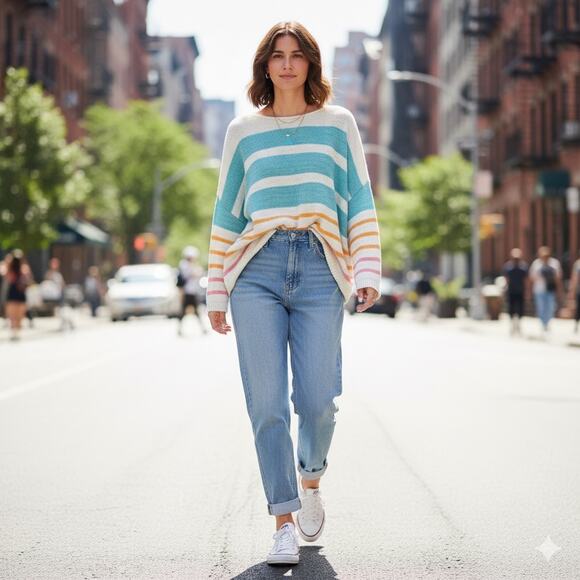 LOFT Striped Lightweight Cotton Sweater Boatneck Pullover Multi-Color Women’s L - Picture 1 of 10